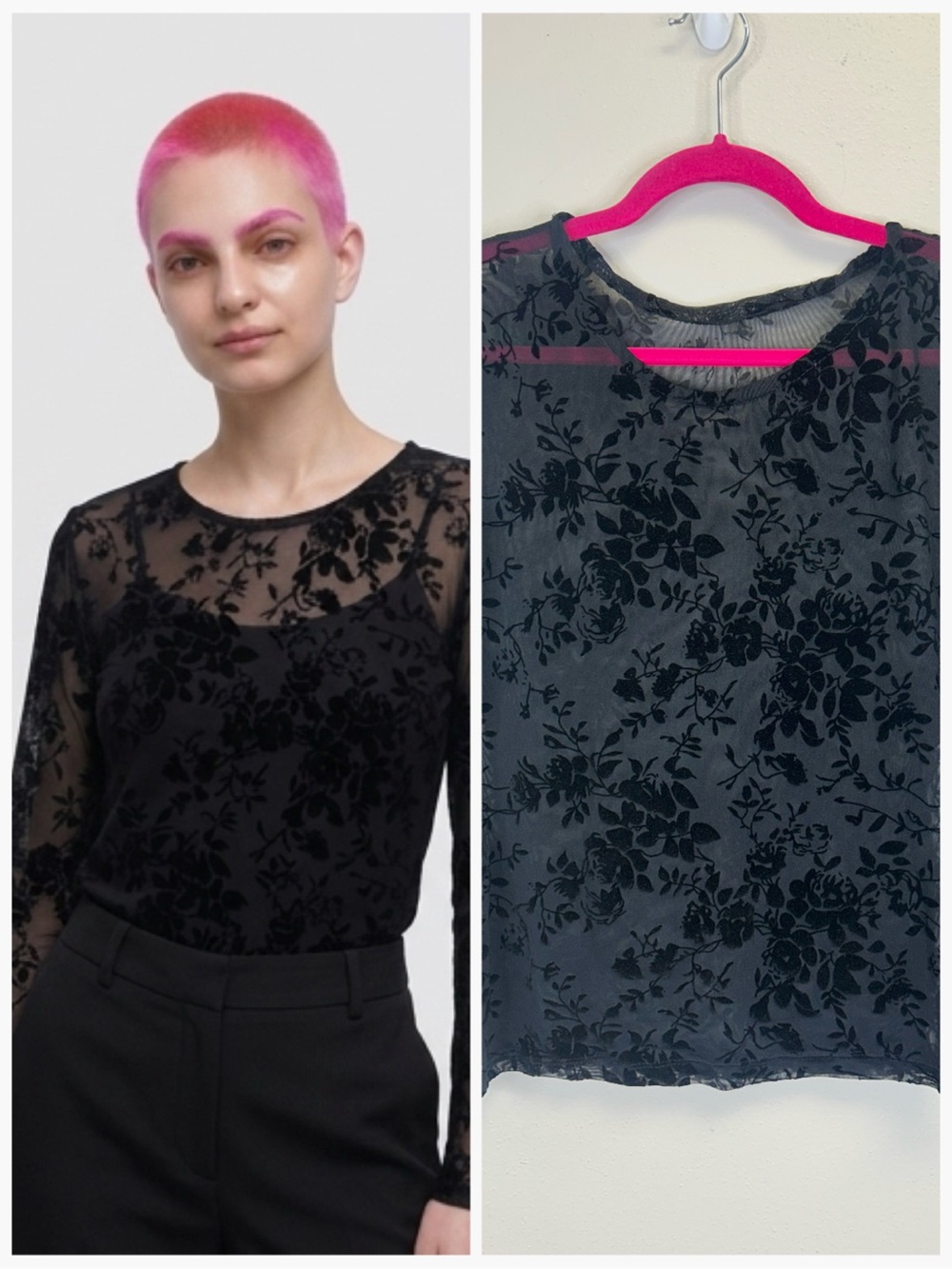 Goth Witchy Vampire Y2K Floral Velvet Burnout Sheer Long Sleeve Top Size S/M